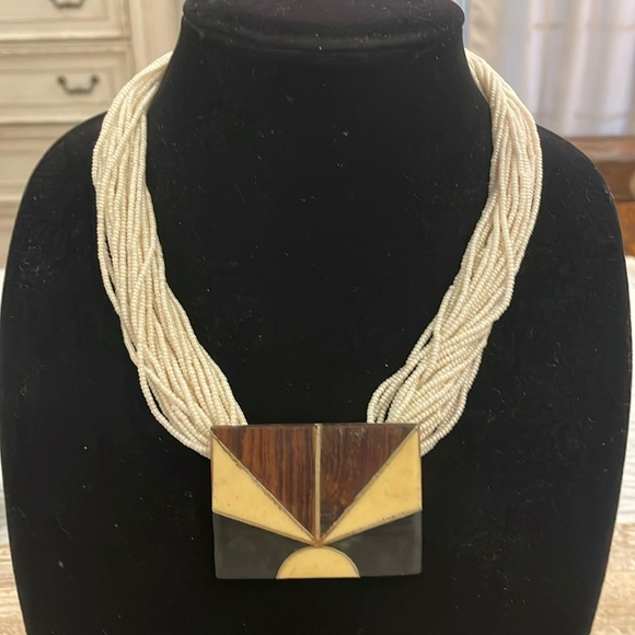 Vintage Tribal Seed Beaded Large Rectangular Pendant Choker Collar Necklace - Picture 1 of 3